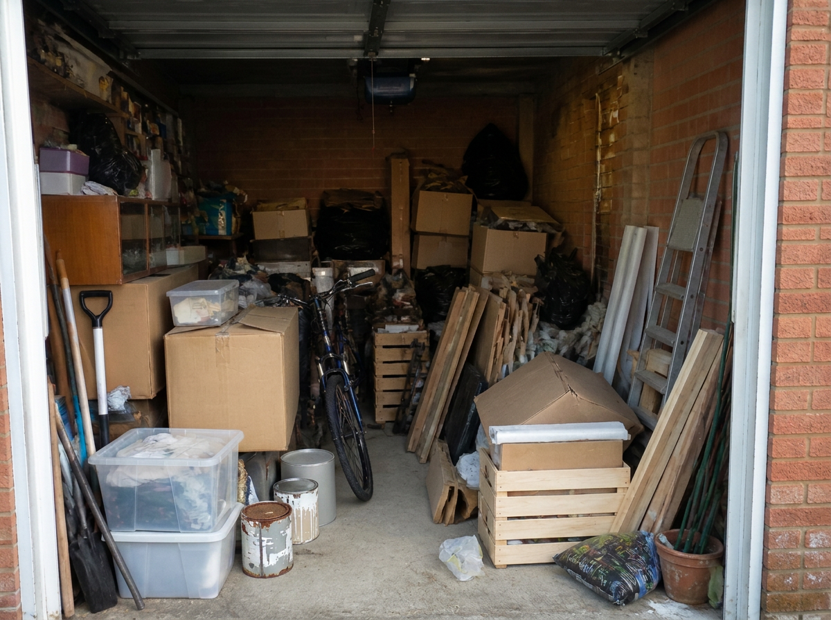 A full and untidy single garage before a Garage Reset